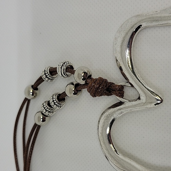 Beaded Accent Silver 3.5" Heart Brown Pleather 20" x 2" Extension Necklace - Picture 2 of 3